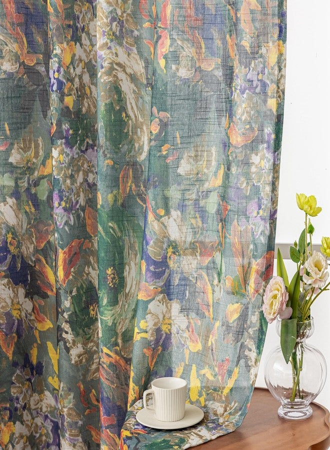 SUOUO Vintage Floral Semi-Sheer Curtains Linen Textured for Living Room Patterned Green Painting Flower 84 inches Long Rod Pocket Light Filtering Window Drapes for Bedroom Dining 2 Panels - Image 1